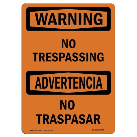 Signmission OSHA Warning Sign, 10" Height, 14" Wide, Rigid Plastic, No Trespassing, Landscape, WS-P-1014-L-12724 OS-WS-P-1014-L-12724